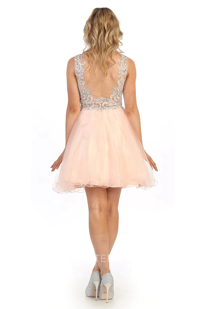 A-Line Short Bateau Empire Tulle Illusion Dress With Beading And Appliques