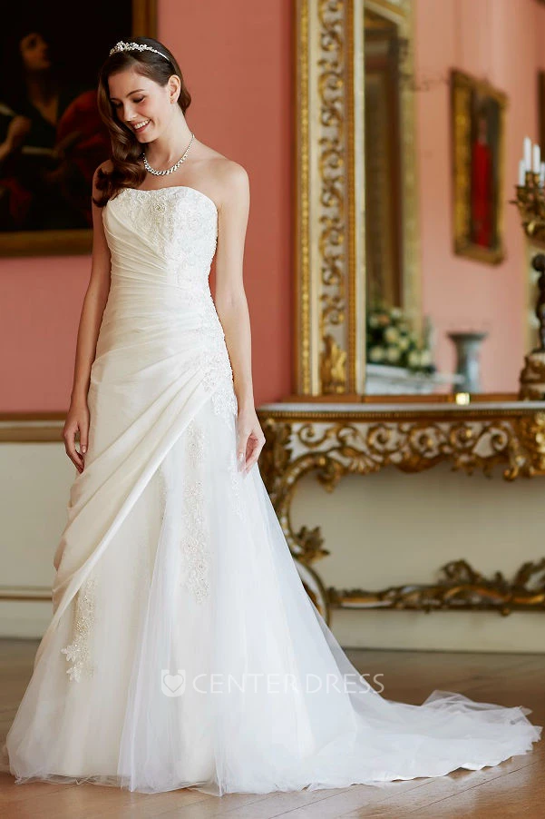 A-Line Strapless Taffeta&Tulle Wedding Dress With Lace Up