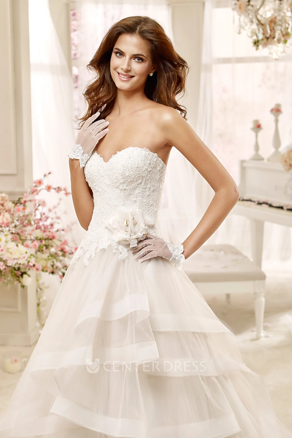 Sweetheart A-line Wedding Dress with Flowers and Asymmetrical Ruching