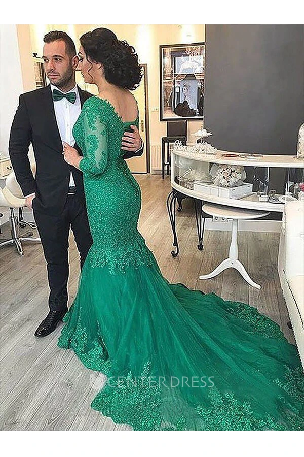 Illusion 3 4 Length Sleeve Sweep Brush Train Mermaid Trumpet V-neck Lace Tulle Dress
