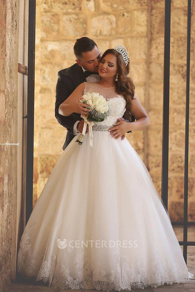 Newest Illusion Tulle Lace Appliques Wedding Dress Ball Gown Beadings