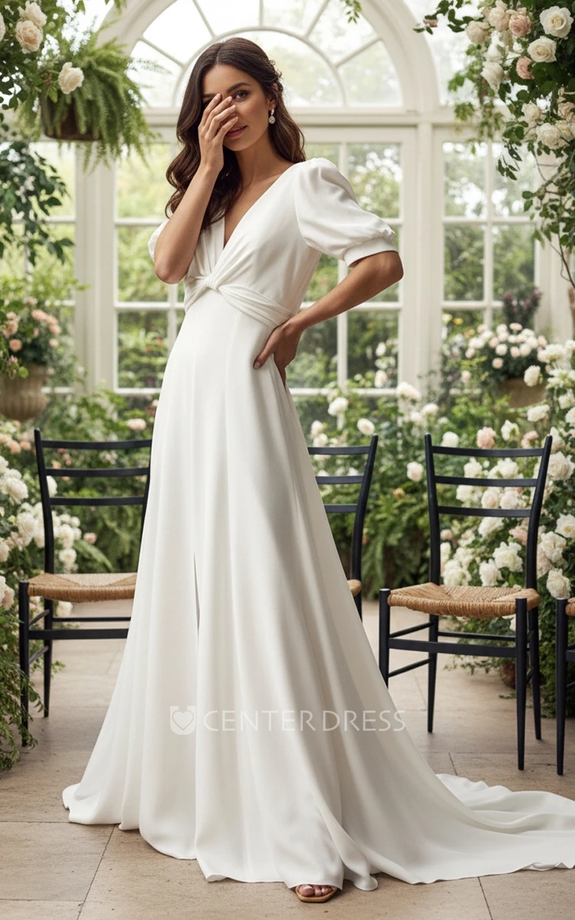 A-Line Puff Sleeve Minimalist Sheath Wedding Dress Simple V Neck Slit Bridal Gown for Outdoor Weddings
