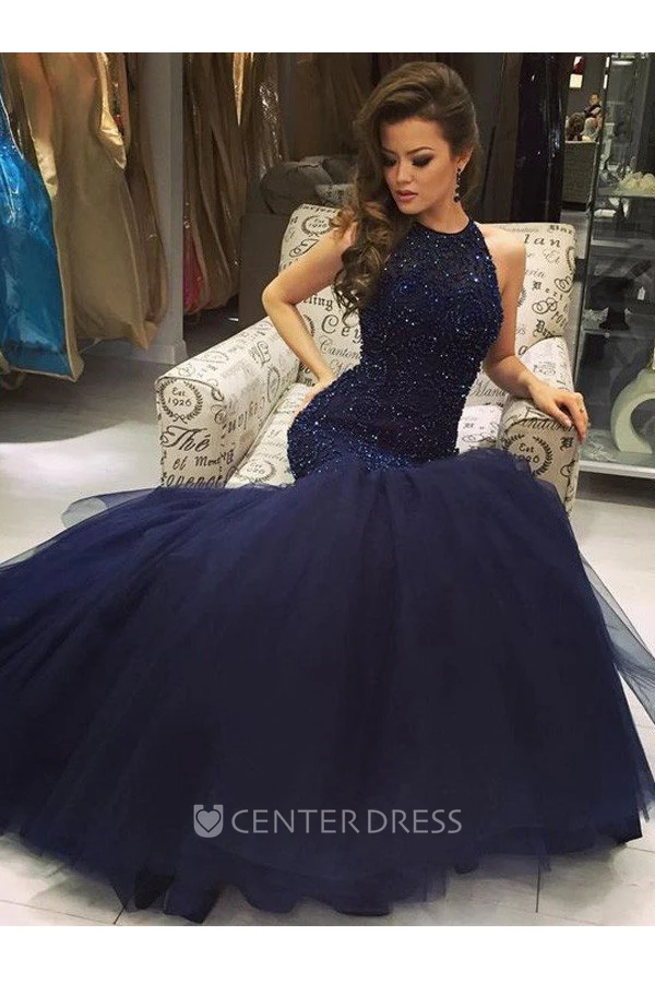 Sleeveless Sweep Brush Train Mermaid Trumpet High Neck Lace Tulle Dress