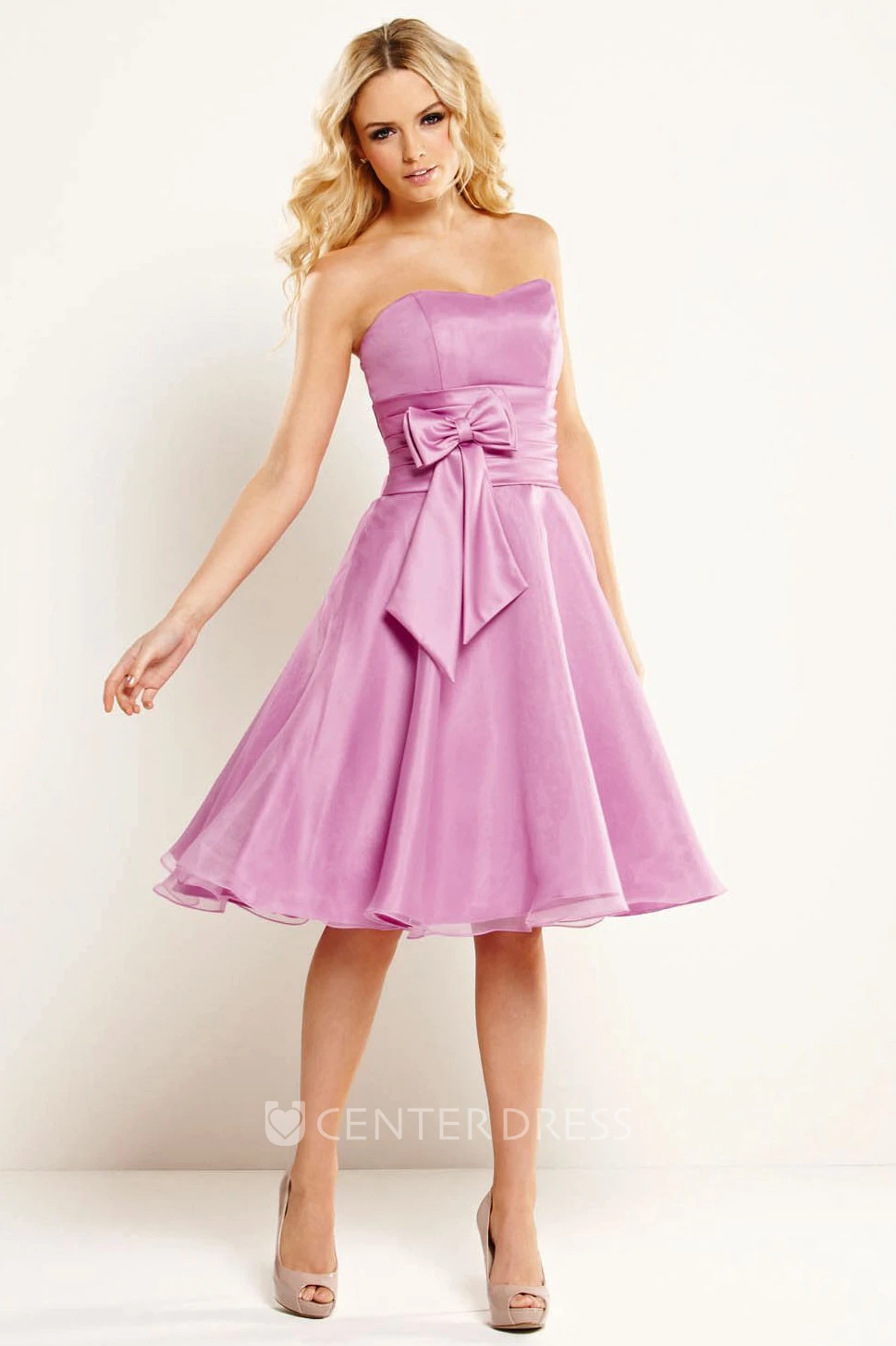 Strapless Maxi Bowed Satin Bridesmaid Dress With Corset Back