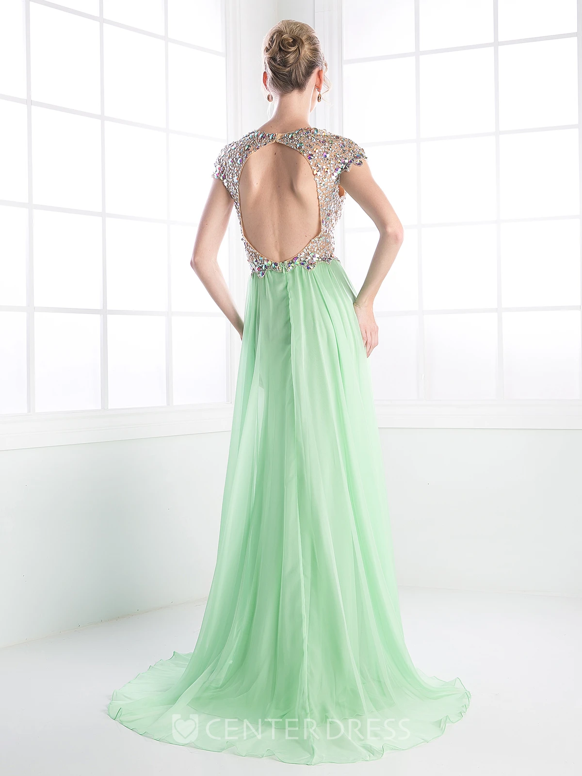 Sheath V-Neck Cap-Sleeve Chiffon Keyhole Dress With Beading And Split Front