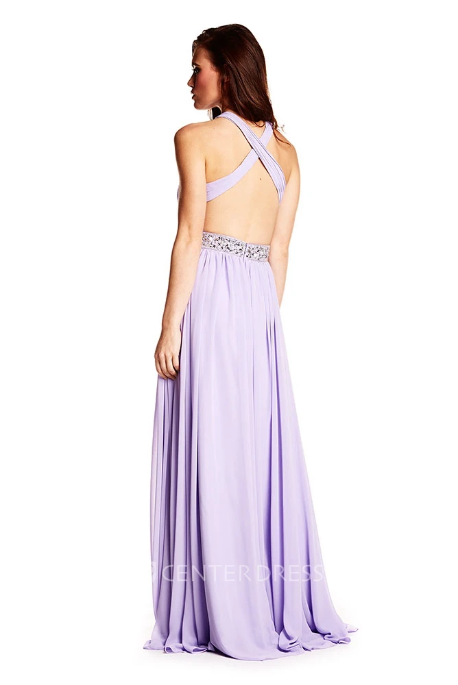Ruched Halter Sleeveless Chiffon Prom Dress With Beading And Straps