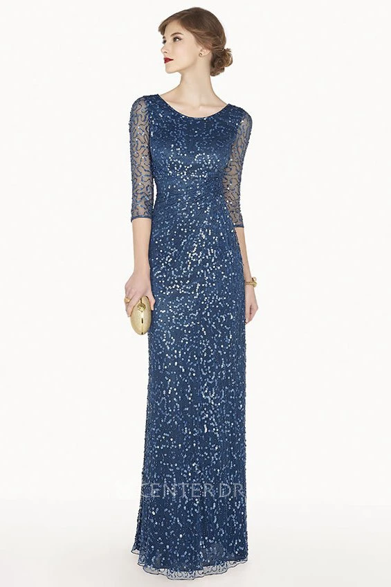 Scoop Neck 3-4 Illusion Sleeve Sheath Sequin Long Prom Dress With Beadings