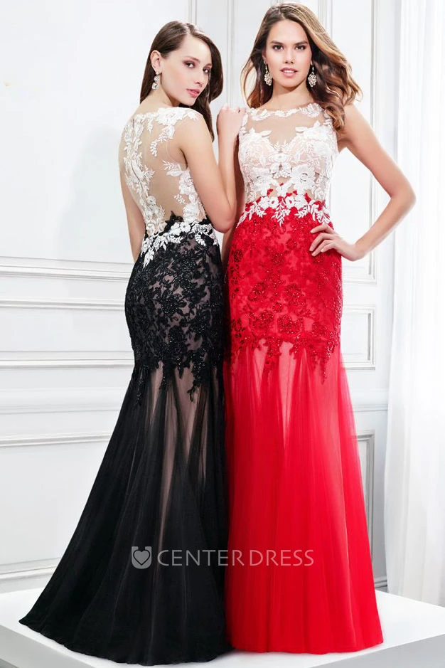 Maxi Sleeveless Appliqued Scoop Neck Tulle Prom Dress With Brush Train