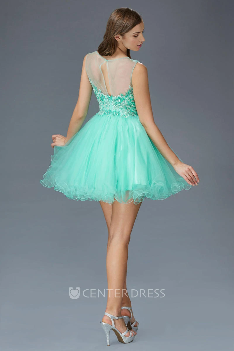 A-Line Short Scoop-Neck Sleeveless Tulle Illusion Dress With Appliques And Ruffles