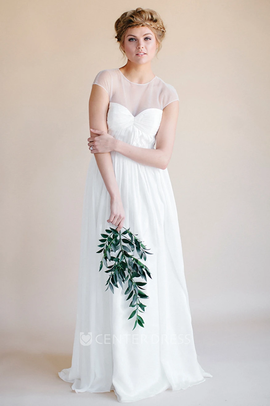 Sheath Empire Scoop-Neck Short-Sleeve Long Chiffon Wedding Dress With Keyhole