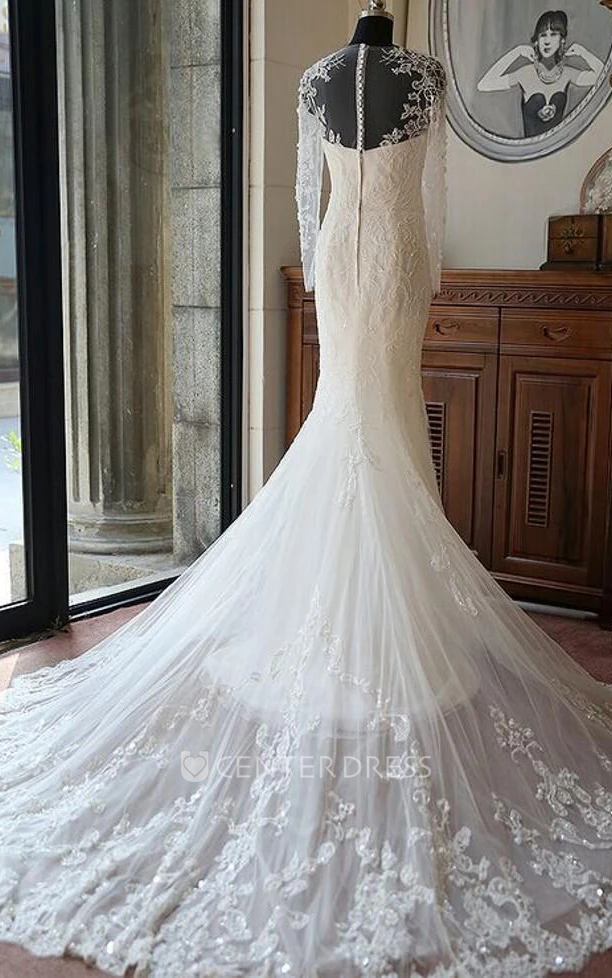 Illusion Scoop-neck Long Sleeve Mermaid Wedding Dress With Beading And Chapel Train