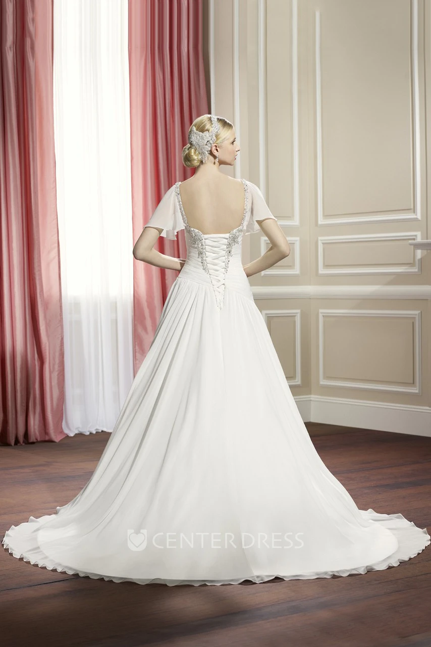 A-Line Poet-Sleeve Long Sweetheart Beaded Wedding Dress With Criss Cross And Draping