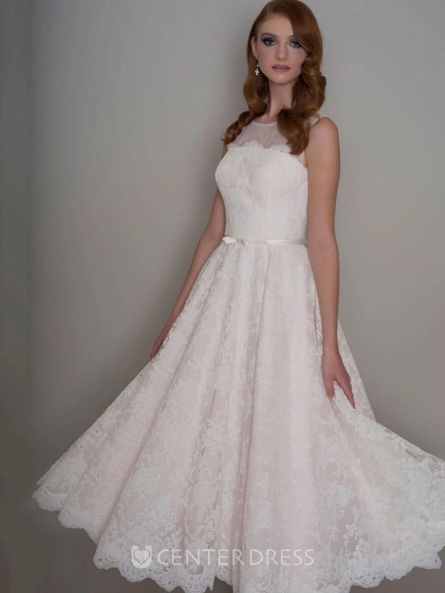 A-Line Appliqued Sleeveless Long Scoop Lace Wedding Dress With Illusion Back