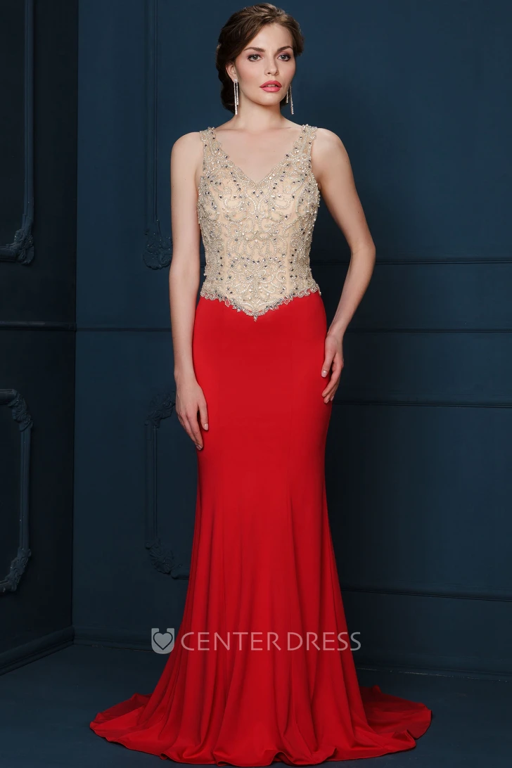 Sheath Beaded V-Neck Sleeveless Floor-Length Jersey Evening Dress
