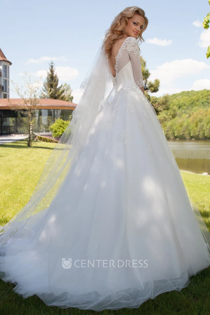 Ball Gown Bateau Neck Illusion Sleeve Appliqued Tulle Wedding Dress