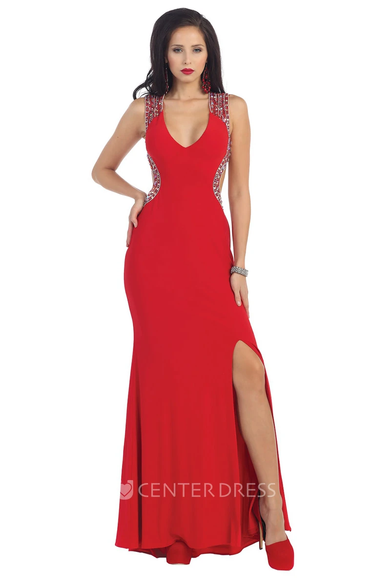 Sheath Long V-Neck Sleeveless Jersey Keyhole Dress With Split Front And Beading