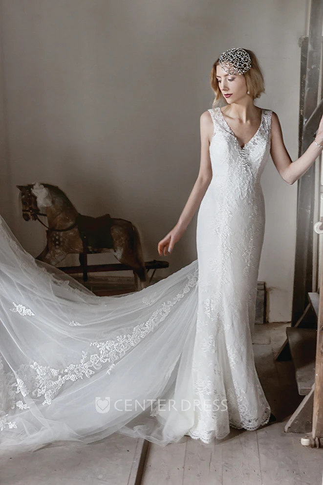 V-Neck Maxi Appliqued Lace Wedding Dress With Chapel Train And Illusion