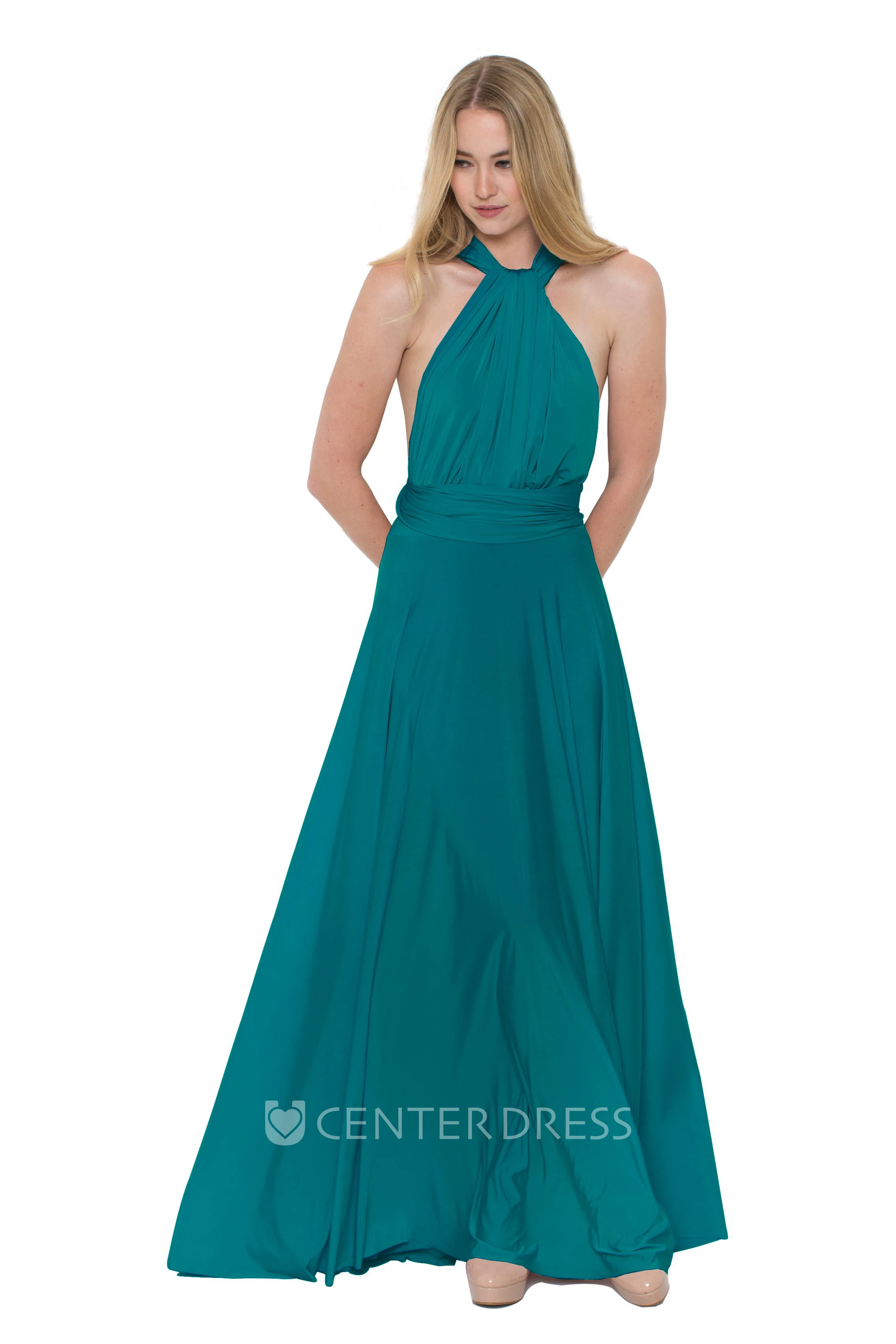 Floor-Length V-Neck Ruched Sleeveless Chiffon Muti-Color Convertible Bridesmaid Dress With Straps