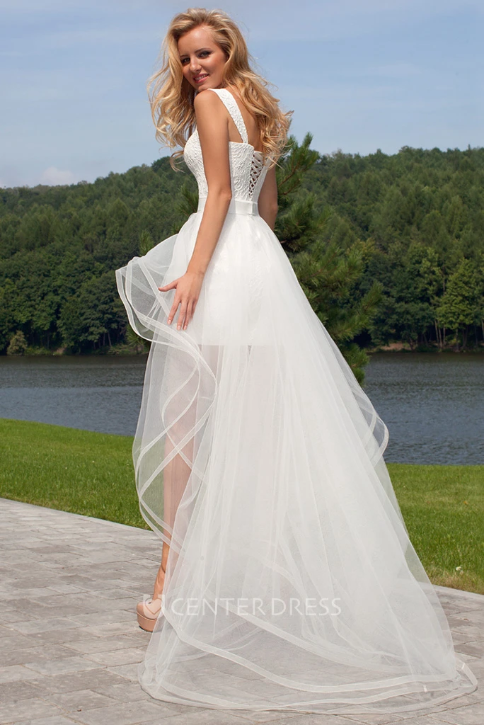 Beach Short Sexy Detachable A-Line Boho Lace Wedding Dress Modern Romantic Mini Sweetheart Tied Back Bridal Gown