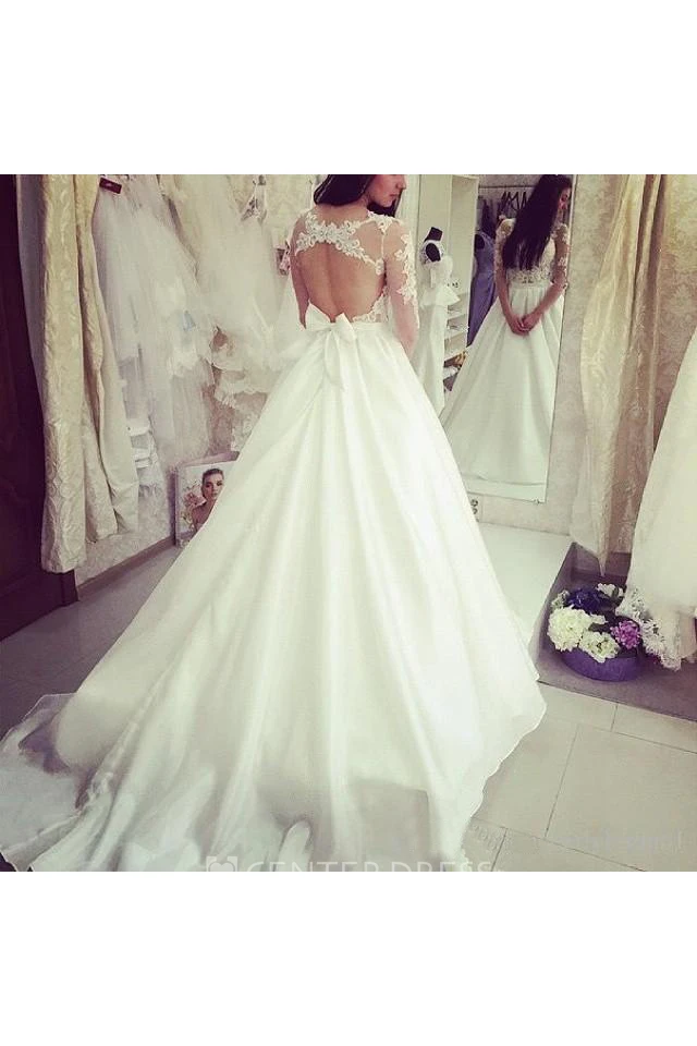 Ball Gown Jewel Satin Lace Open Back Wedding Dress