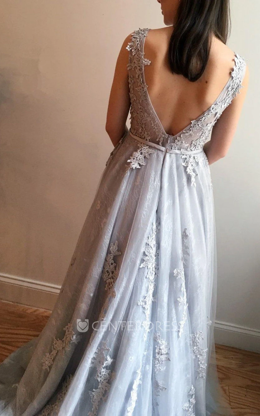 Gray Blue Lace Wedding Dress