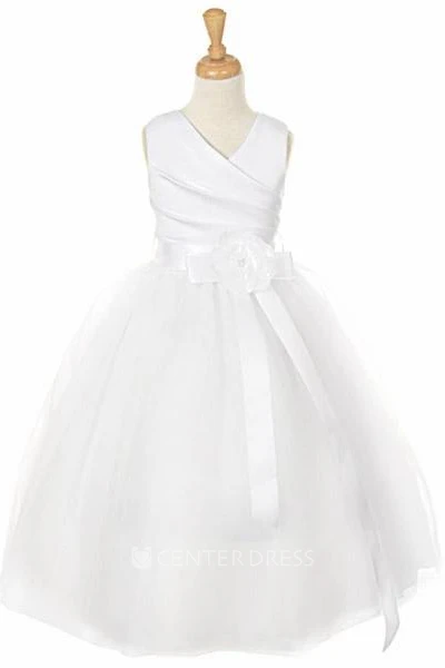 Ankle-Length V-Neck Tiered Tulle&Satin Flower Girl Dress
