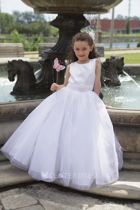 Flower Girl Taffeta Top Tulle Ball Gown With Pearl Waist