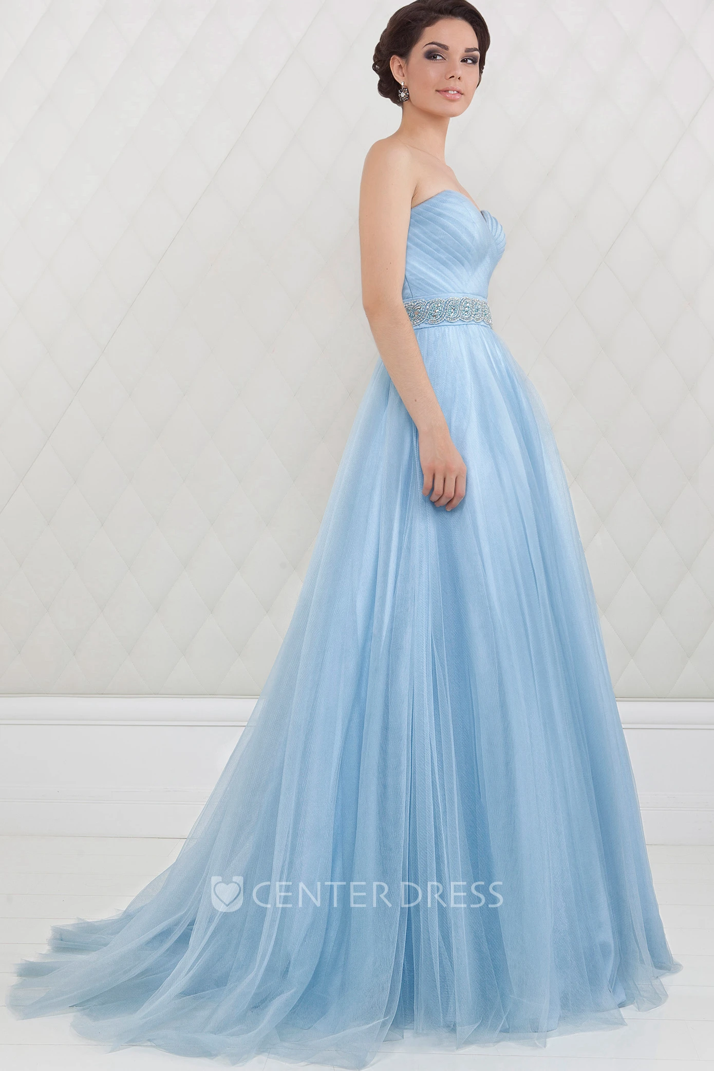 A-Line Sweetheart Criss-Cross Sleeveless Floor-Length Tulle Prom Dress With Waist Jewellery