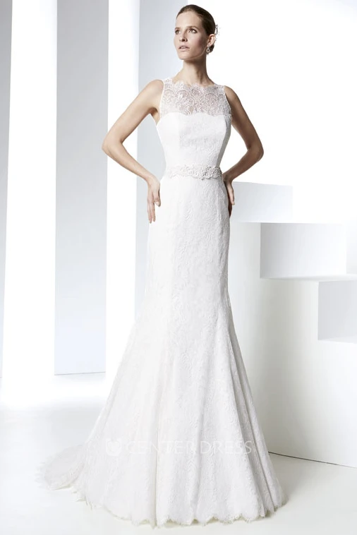 Sheath Maxi Jeweled Sleeveless Bateau Lace Wedding Dress With Illusion Back And Bow