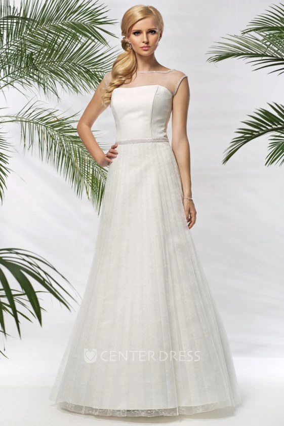 A-Line Strapless Long Pleated Satin&Tulle Wedding Dress With Waist Jewellery And Corset Back