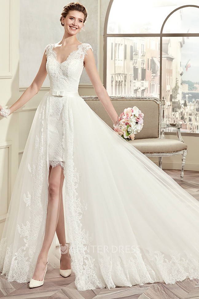 V neck cap sleeve clearance wedding dress