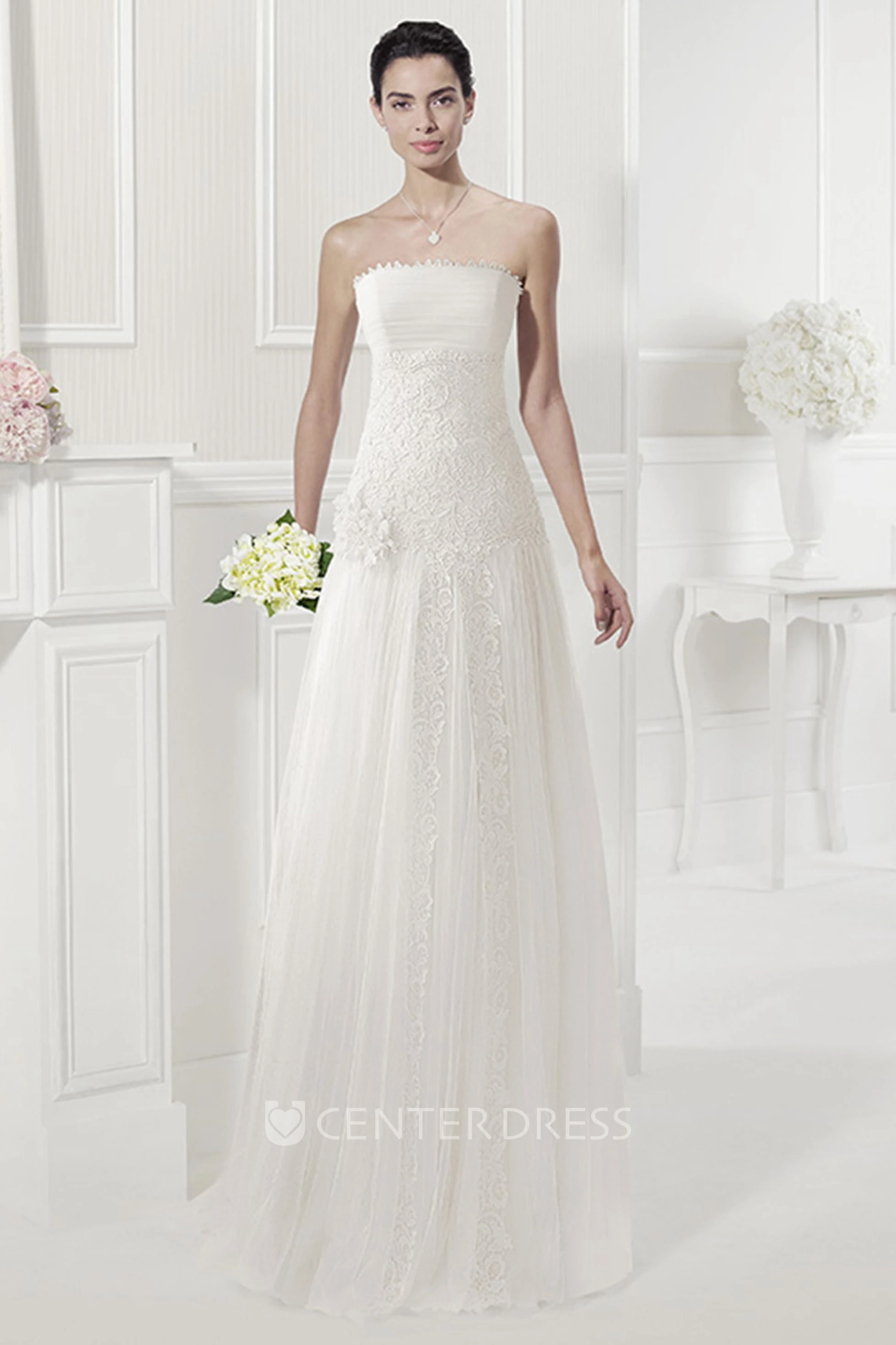 Strapless Drop Waist Tulle Gown With Appliques And Flower