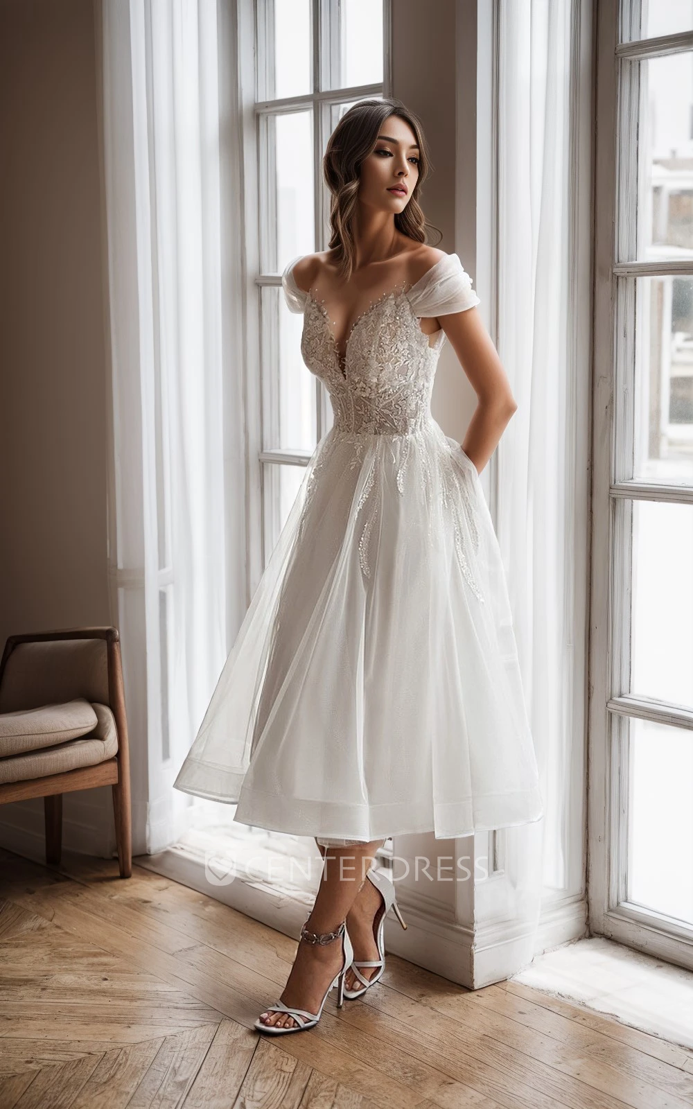 A-Line Boho Tea-length Spring Wedding Dress A Line Bridal Dress with Illusion Sleeves