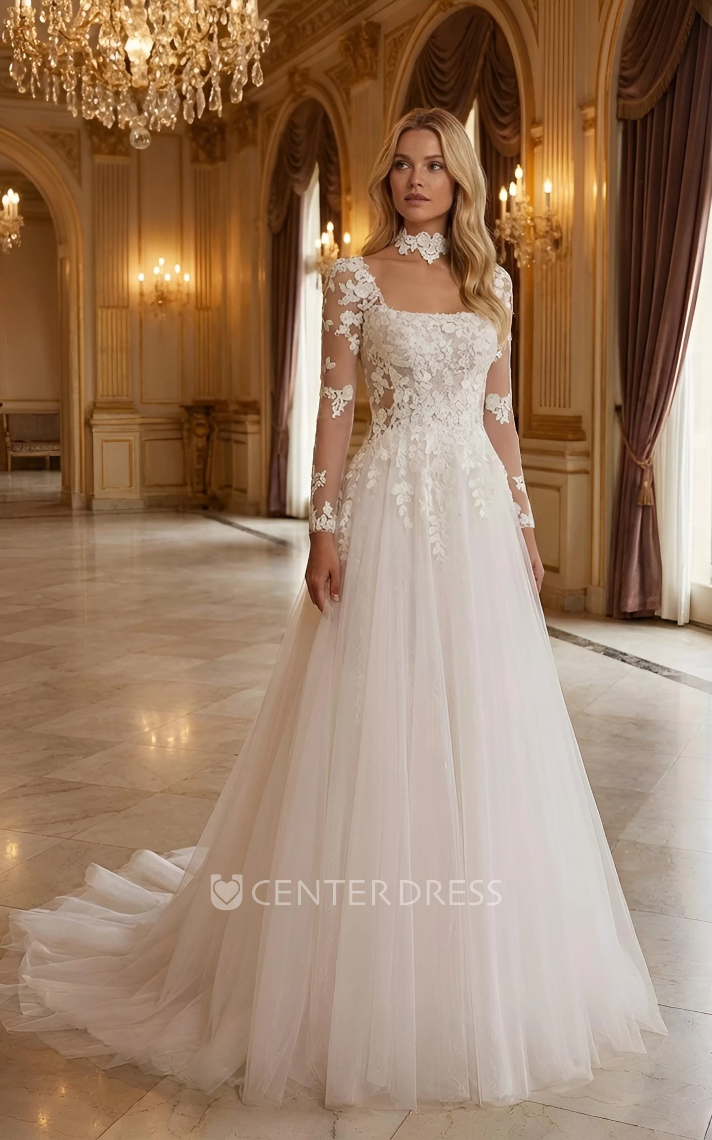 Flowy A-Line Lace Long Sleeves Wedding Dress Modern Square Neck Gown with Open Back
