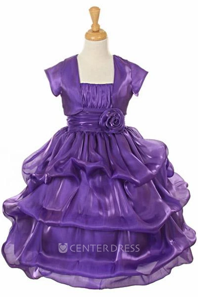 Spaghetti Tea-Length Bolero Ruched Organza&Satin Flower Girl Dress With Pick Up