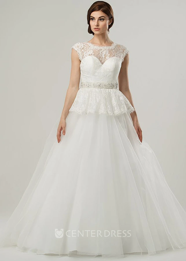 Ball Gown Jeweled Cap-Sleeve Scoop-Neck Tulle Wedding Dress With Lace And Peplum