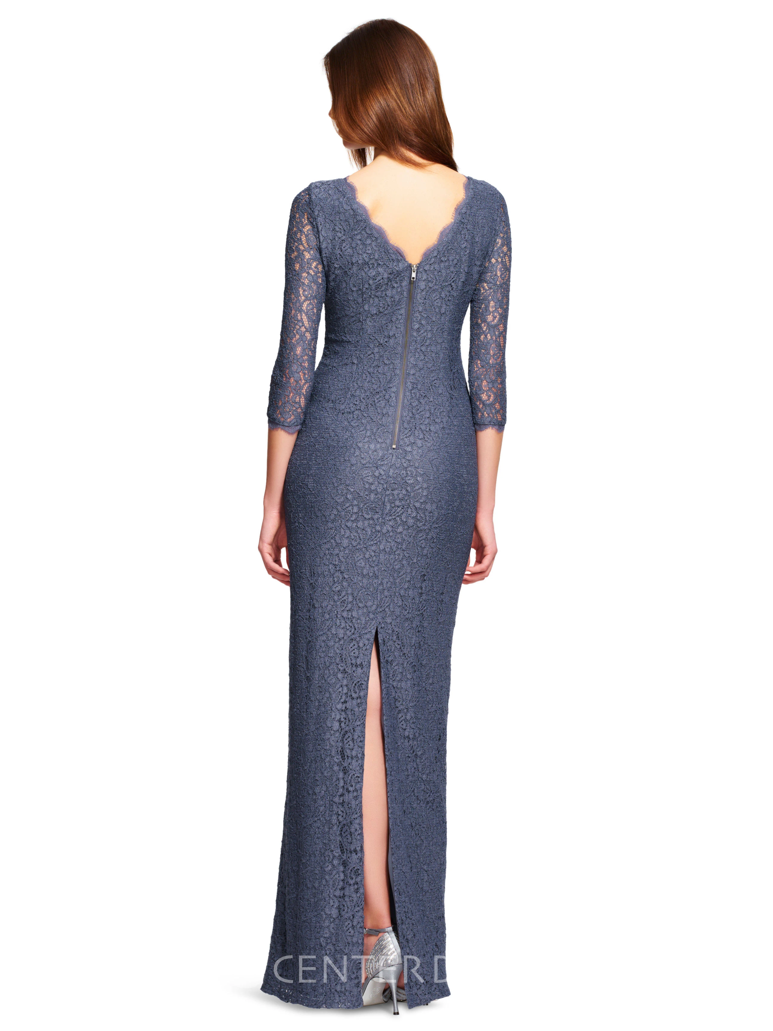 Sheath 3-4-Sleeve Bateau-Neck Long Split-Back Lace Bridesmaid Dress