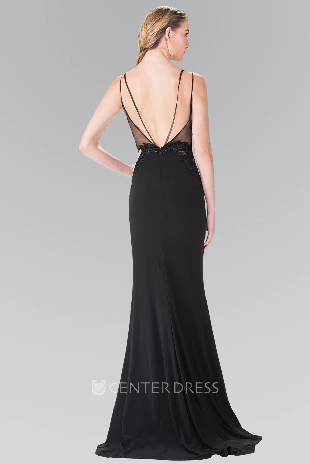 Sheath Spaghetti Jersey Deep-V Back Dress With Split Front And Embroidery
