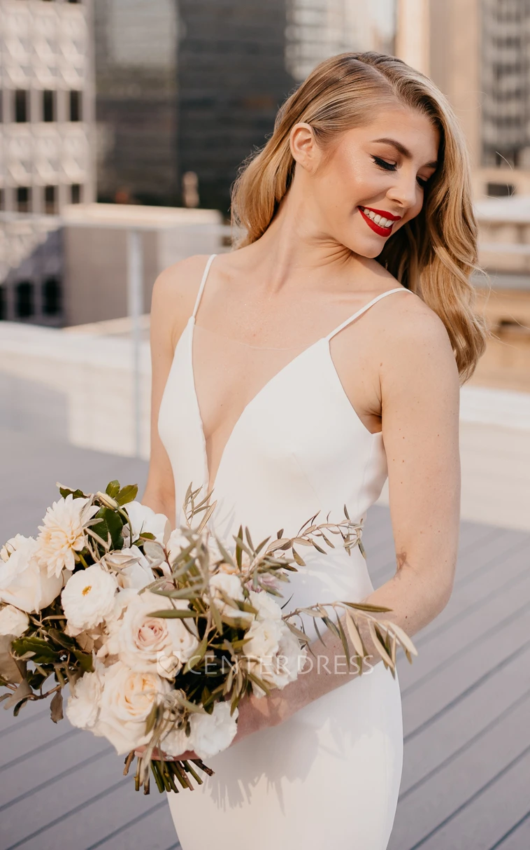  Sheath Modern Satin Spring Wedding Dress With Low-V Back And Chapel Train