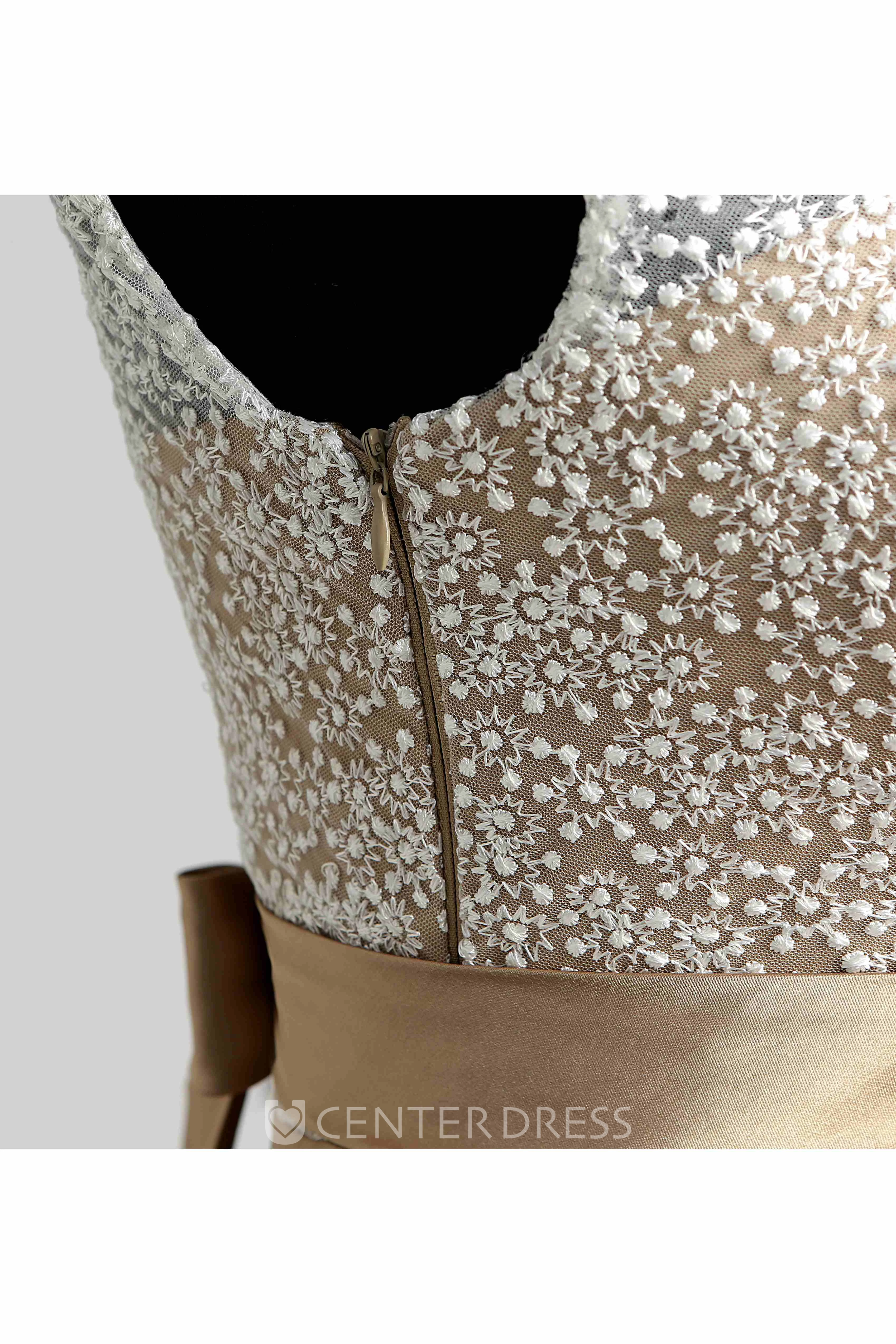 Jersey Lace A-line Bateau Cap Short Sleeve Lace Dress with Sash/Ribbon