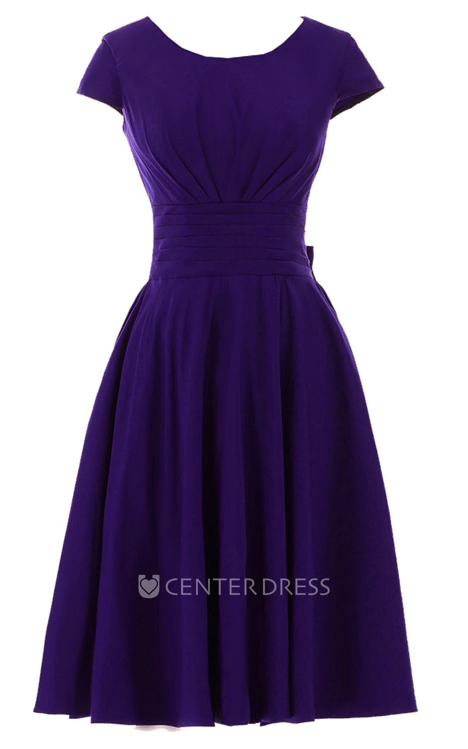 Short Sleeve Knee-length Pleated Chiffon Dress With Bowknot