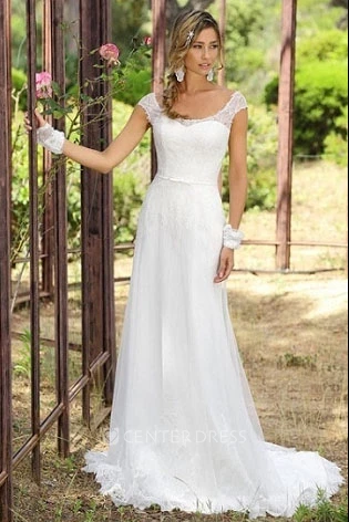 Sheath Cap-Sleeve Scoop-Neck Tulle Wedding Dress With Lace And Sweep Train
