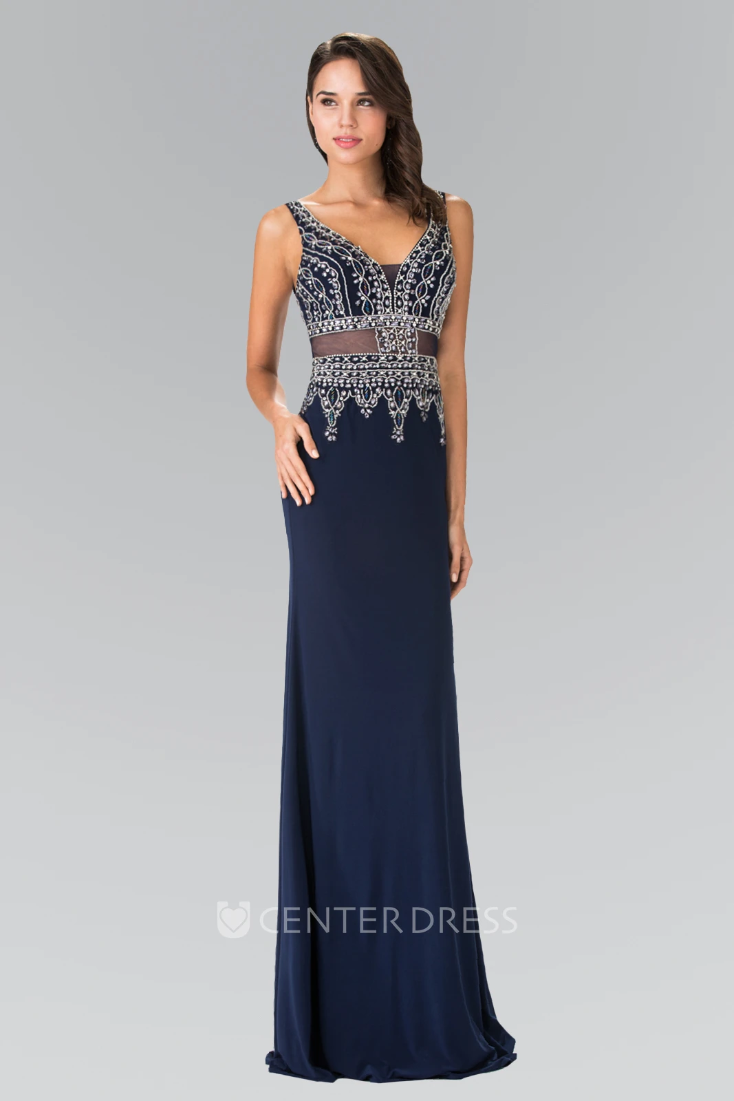 Sheath Floor-Length V-Neck Sleeveless Jersey Straps Dress With Beading
