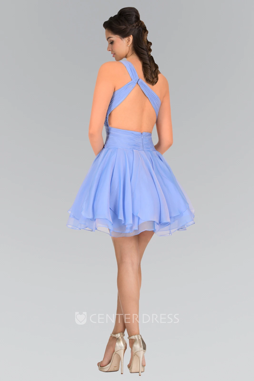 A-Line Short One-Shoulder Sleeveless Chiffon Dress With Beading And Ruching