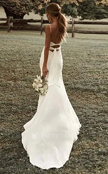 Sexy Beach Satin Spaghetti Sheath Wedding Dress with Long Sleeves and Split Front Modern