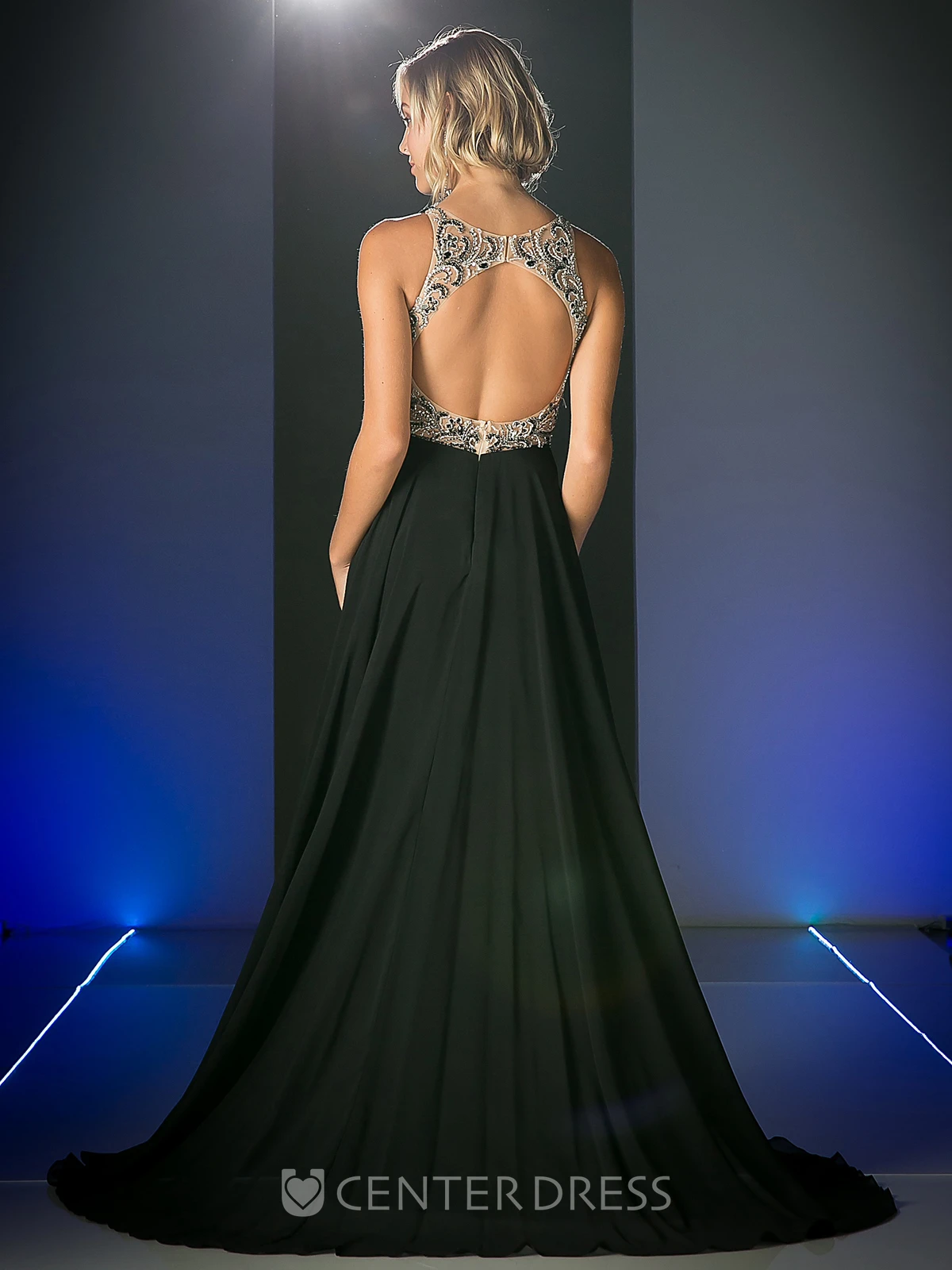 A-Line V-Neck Sleeveless Empire Chiffon Keyhole Dress With Beading And Draping