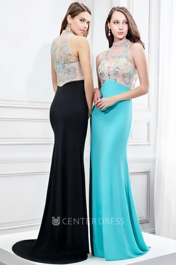 Sleeveless High Neck Beaded Jersey Prom Dress With Brush Train