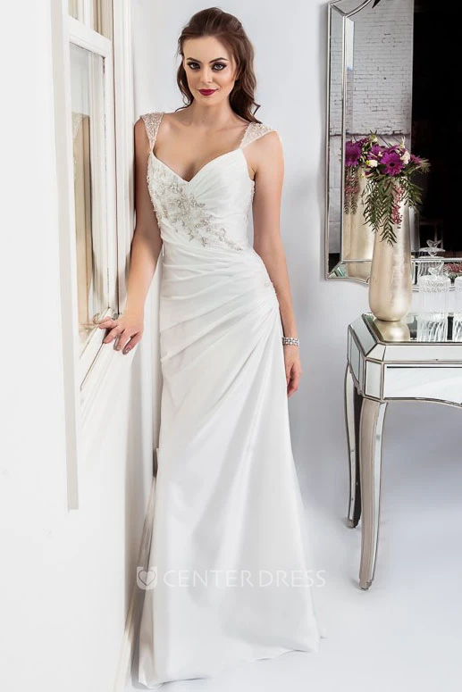 Sheath Sleeveless Long V-Neck Side-Draped Satin Wedding Dress With Beading And Corset Back