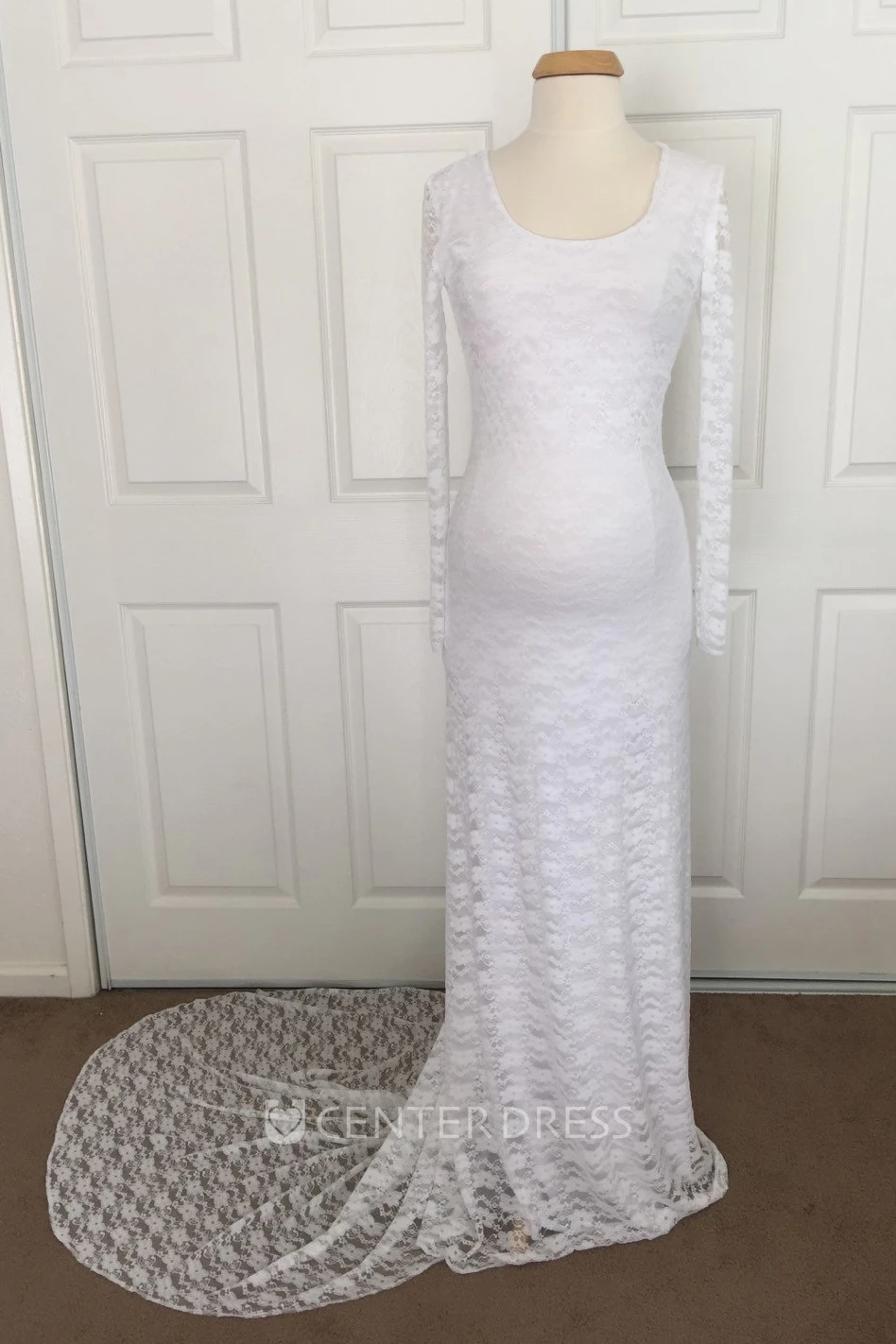 Sheath Lace Scoop Long Sleeve Lace Maternity Wedding Dress
