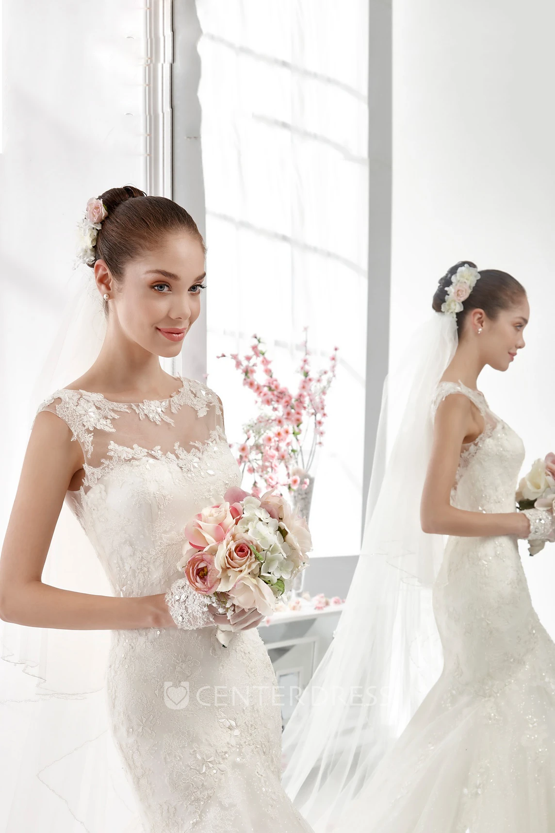 Jewel-Neck Mermaid Sheath Gown With Illusive Neckline And Back